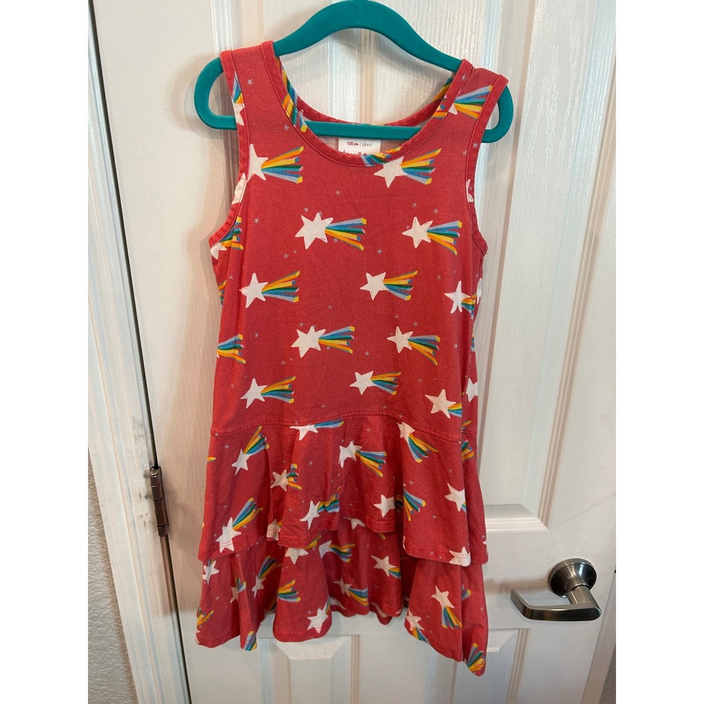 Hanna Andersson Dress Red Shooting Star Rainbow Tiered Ruffle Cotton Kids 6-7